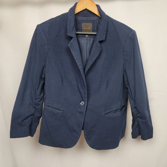 The Limited Jackets & Blazers - The Limited Navy Blue Rushed Sleeve Sweater Blazer with collar 3/4 sleeve